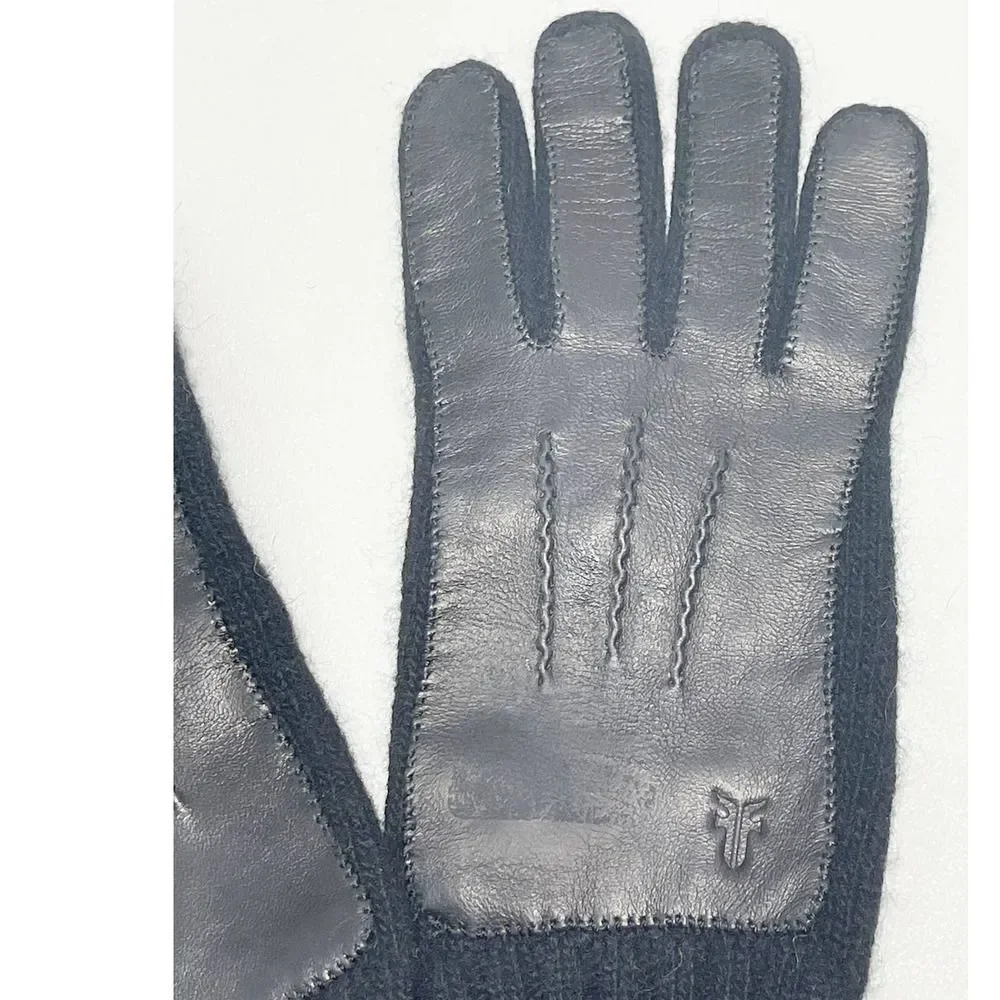 Frye Leather Patch Long Knit Wool Gloves Frye‎ Stamped Black Large / Extra Large - Picture 5 of 6